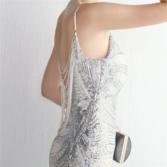 V-Neck Sequined Beaded Maxi Dress