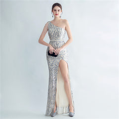 Sequined One-Shoulder Fishtail Maxi Dress