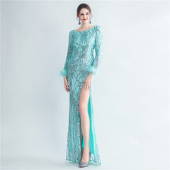 Sequin Feather Fishtail Maxi Dress