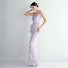 Elegant Sequin Beaded Fishtail Maxi Dress