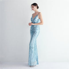 V-Neck Sequin Lace Maxi Dress