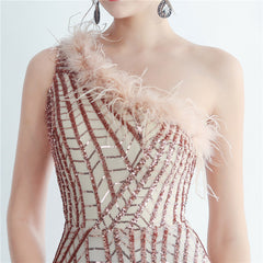 One-Shoulder Sequin Feather Maxi Dress