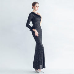 Ostrich Feather One-Shoulder Maxi Dress