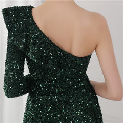 Sequined One-Shoulder Sheath Dress