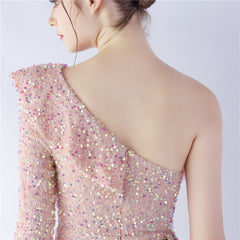 One-Shoulder Ostrich Feather Sequin Maxi Dress