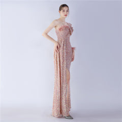 One-Shoulder Ostrich Feather Sequin Maxi Dress