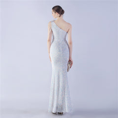 One-Shoulder Ostrich Hair Maxi Dress