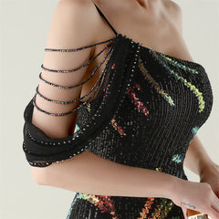 Sequined Beaded One-Shoulder Maxi Dress