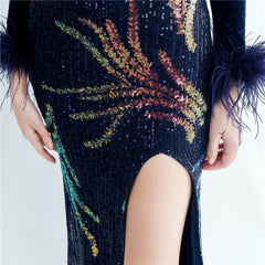Ostrich Feather Sequined Maxi Dress