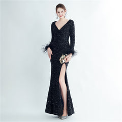 Sequined Feather Cuff Fishtail Maxi Dress
