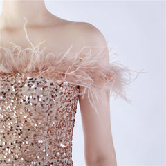 Off-Shoulder Sequin Feather Maxi Dress