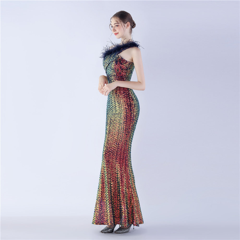 Asymmetric One-Shoulder Sequined Maxi Dress