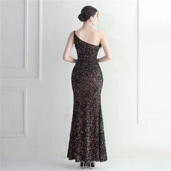 Ostrich Feather One-Shoulder Sequined Maxi Dress