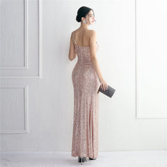 Sequin One-Shoulder Fishtail Maxi Dress