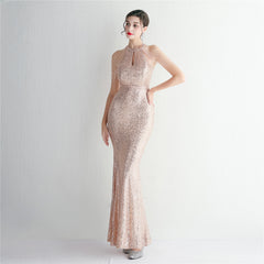 Sequined Halter Fishtail Maxi Dress