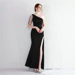 Beaded One-Shoulder Fishtail Maxi Dress