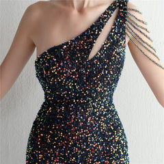 One-Shoulder Sequined Beaded Fishtail Maxi Dress
