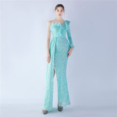 One-Shoulder Ostrich Feather Sequin Maxi Dress