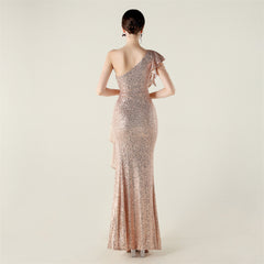 One-Shoulder Beaded Sequined Maxi Dress