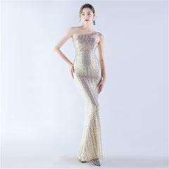 Sequin Beaded One-Shoulder Maxi Dress