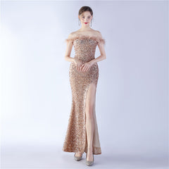 Off-Shoulder Sequin Feather Maxi Dress