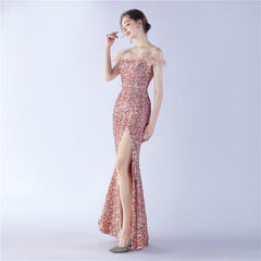 Off-Shoulder Sequin Feather Maxi Dress