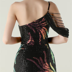Sequined Beaded One-Shoulder Maxi Dress