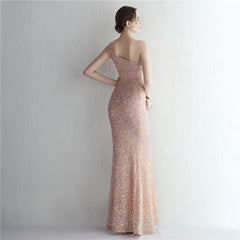 One-Shoulder Sequined Fishtail Split Maxi Dress