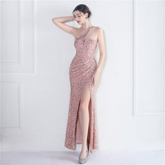 One-Shoulder Sequined Fishtail Maxi Dress