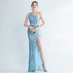 Sequined One-Shoulder Fishtail Maxi Dress