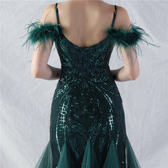 Feathered Sequin Maxi Dress