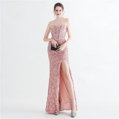 Sequin Boned Strapless Split Maxi Dress