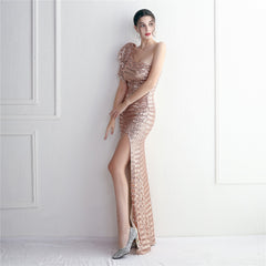 Sequined One-Shoulder Fishtail Maxi Dress