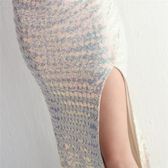 Sequined One-Shoulder Fishtail Maxi Dress