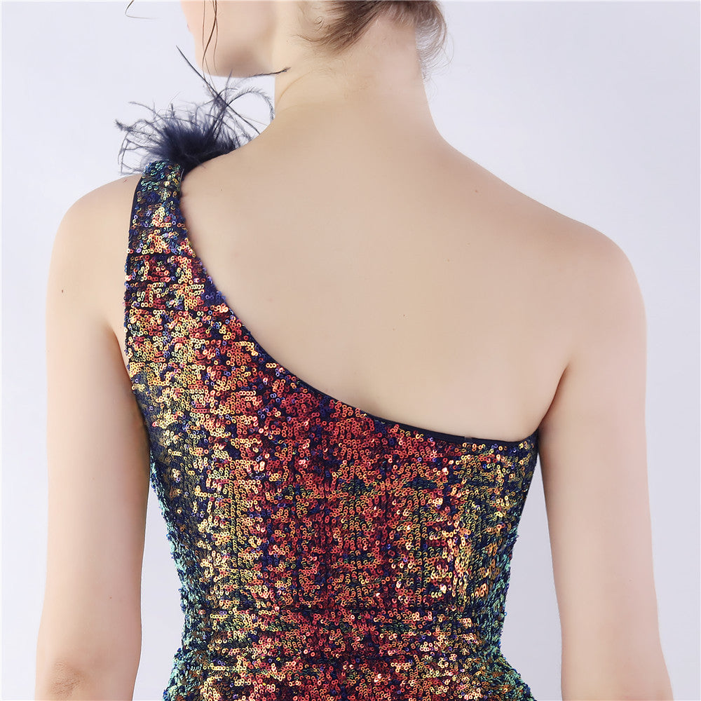 Asymmetric One-Shoulder Sequined Maxi Dress