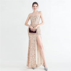 Sequin Boned Strapless Split Maxi Dress