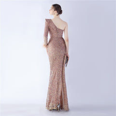 One-Shoulder Ostrich Feather Sequin Maxi Dress