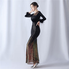 Feathered Rhinestone Maxi Dress