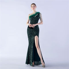 One-Shoulder Ostrich Hair Maxi Dress