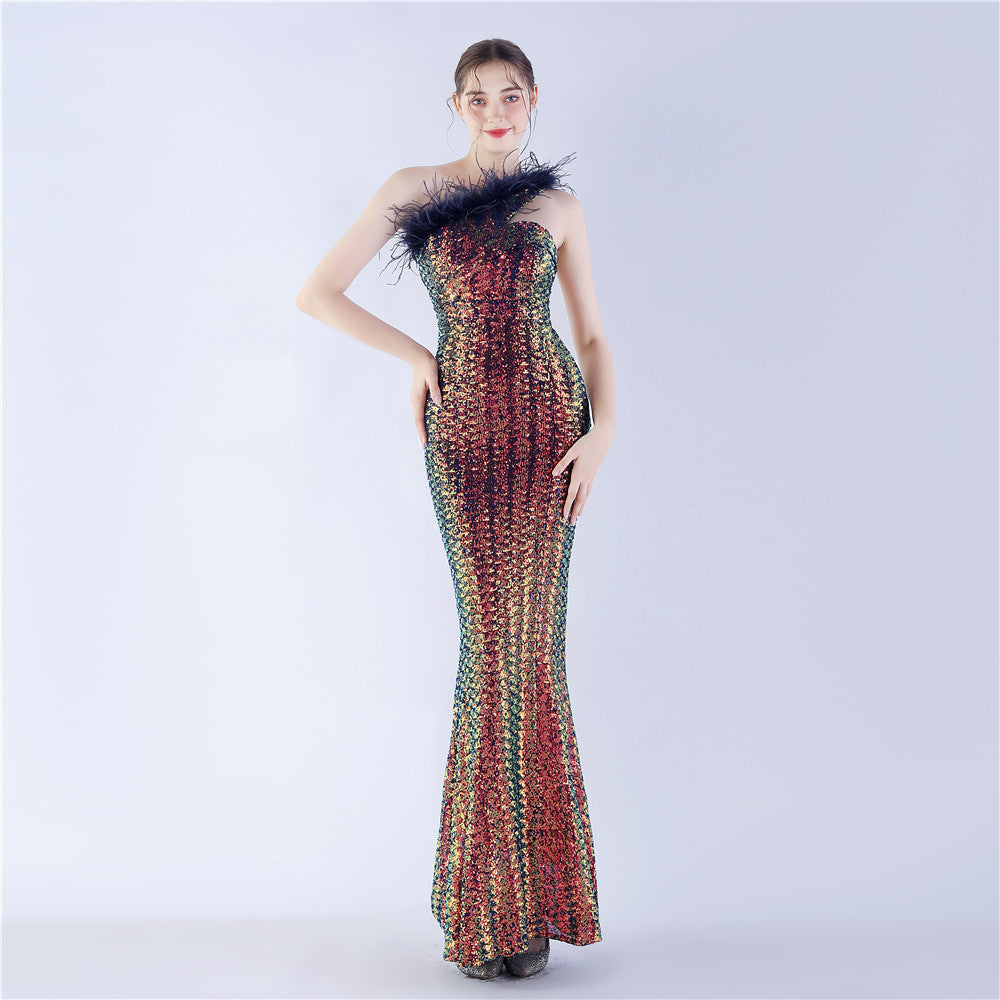 Asymmetric One-Shoulder Sequined Maxi Dress