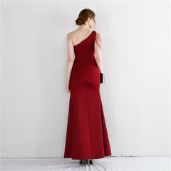Beaded One-Shoulder Fishtail Maxi Dress