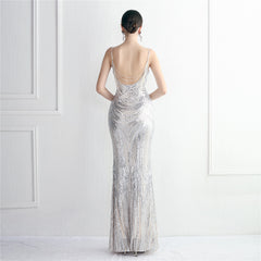 V-Neck Sequined Beaded Maxi Dress