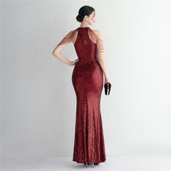 Sequined Halter Fishtail Maxi Dress