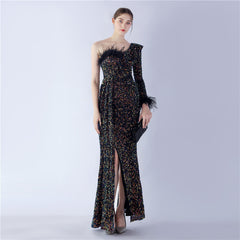 One-Shoulder Ostrich Feather Sequin Maxi Dress
