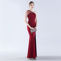 Beaded One-Shoulder Diagonal Collar Maxi Dress