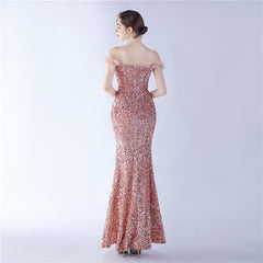 Off-Shoulder Sequin Feather Maxi Dress