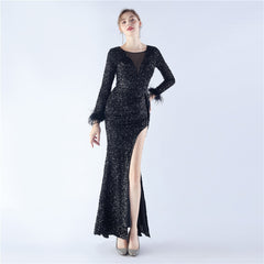 Ostrich Feather Sequined Maxi Dress