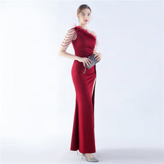 One-Shoulder Feather Maxi Dress