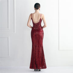 V-Neck Sequined Beaded Maxi Dress