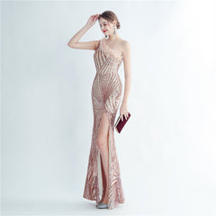 One-Shoulder Sequin Feather Maxi Dress
